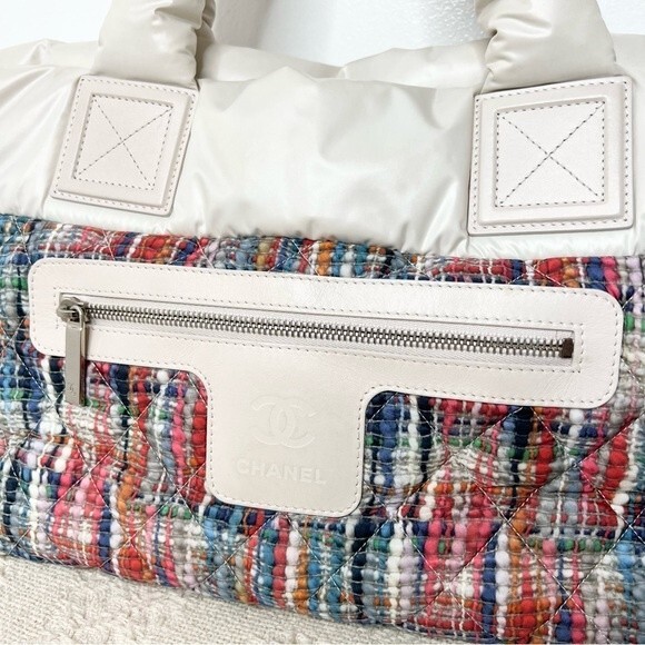 Authentic Chanel Coco Cocoon Nylon Tote Bag Tweed Print Cream Off White - Picture 4 of 15